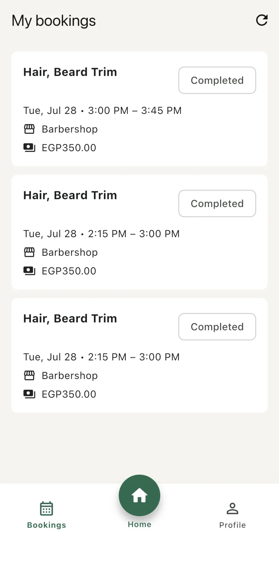 Velura bookings screen showing completed appointments