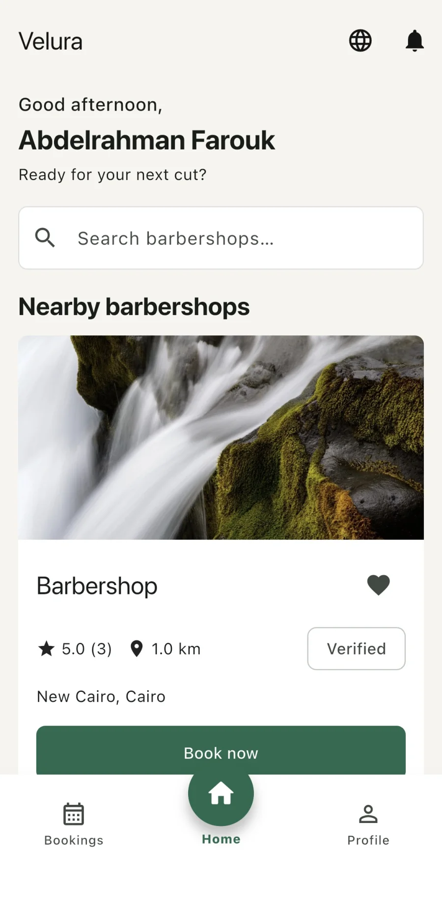 Velura customer home screen showing a nearby barbershop
